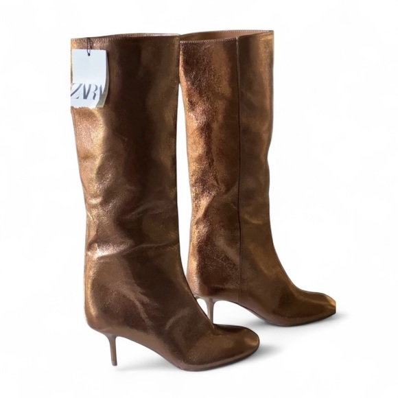 Zara Metallic Golden Bronze Kitten Heel Boots Almond Toe Y2K Size US9 EU40 NWT - Picture 4 of 16